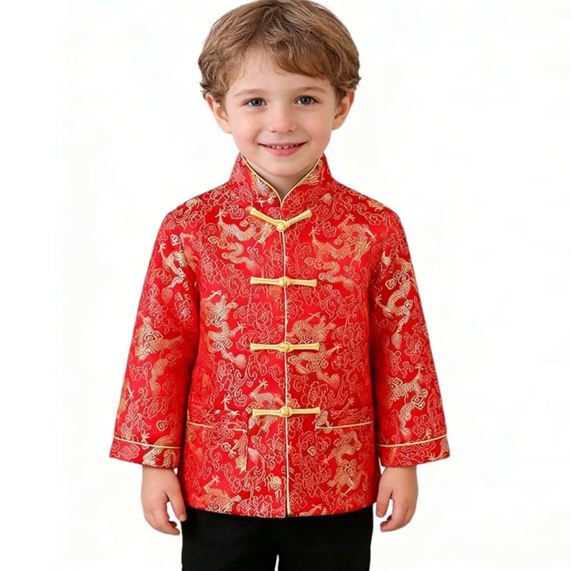 SZCQ Little Boys Dragon Tang Coat Long Sleeve Chinese Clothing Children Costumes Boy Jackets Outfit Tops (Red, 14) - Image 1